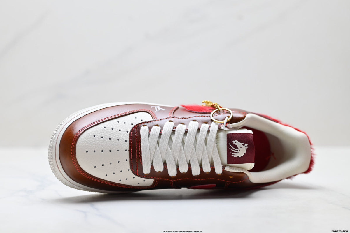Nike Air Force 1 Low Brown Red Monogram Print Unisex Sneakers Style 06