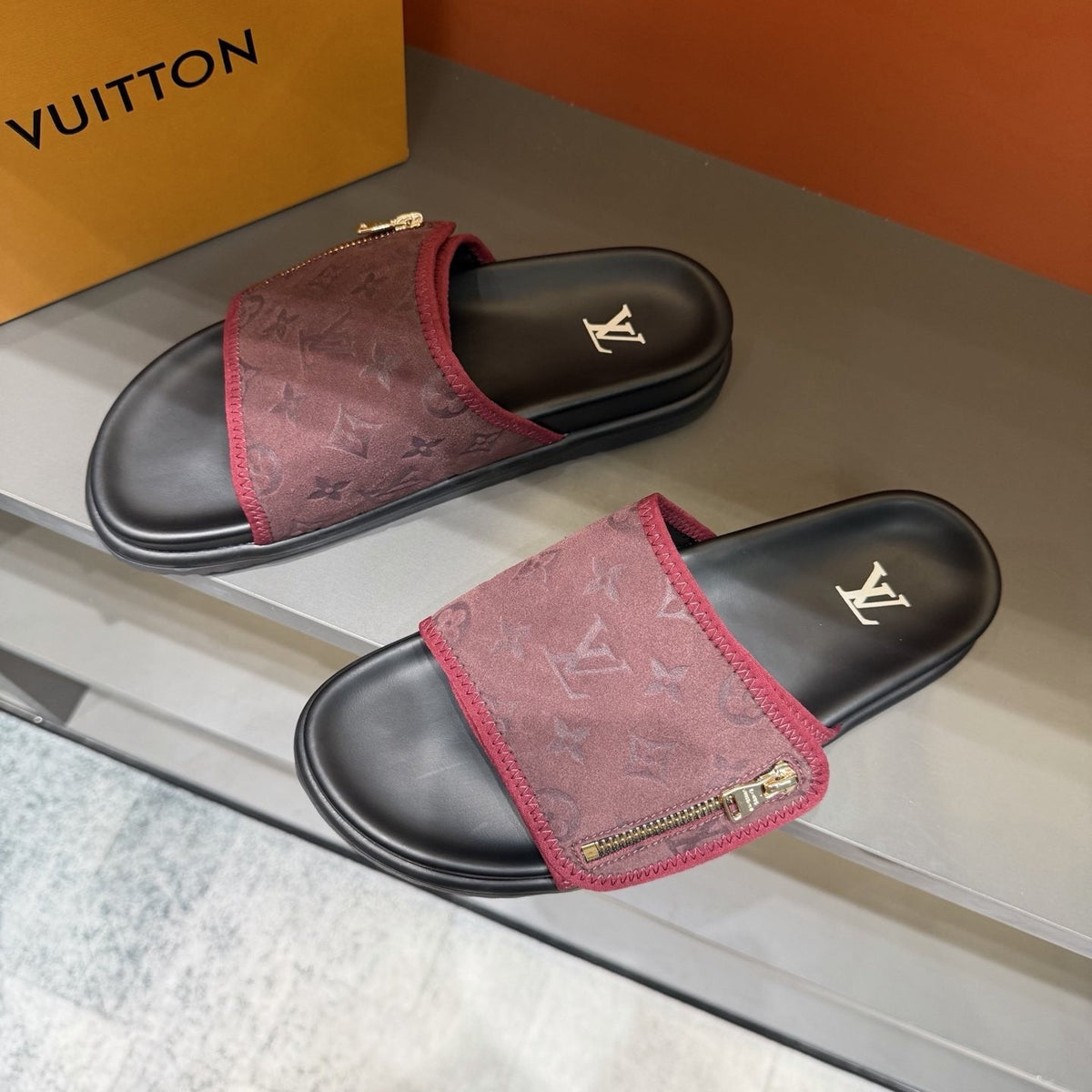 Louis Vuitton Burgundy Patterned Slide Sandals